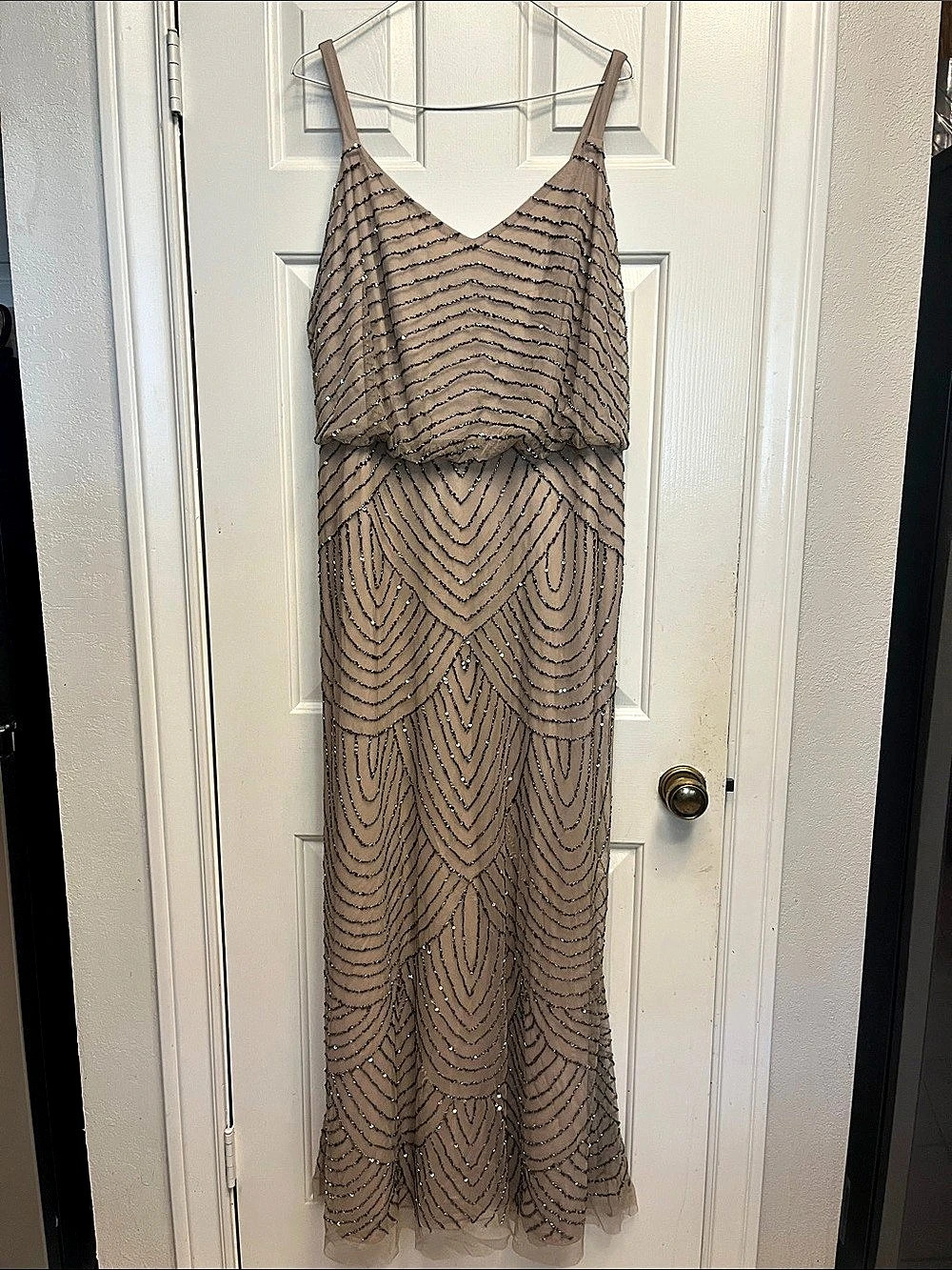 Adrianna Papell Art Deco Beaded Blouson Gown Maxi Dress Beige